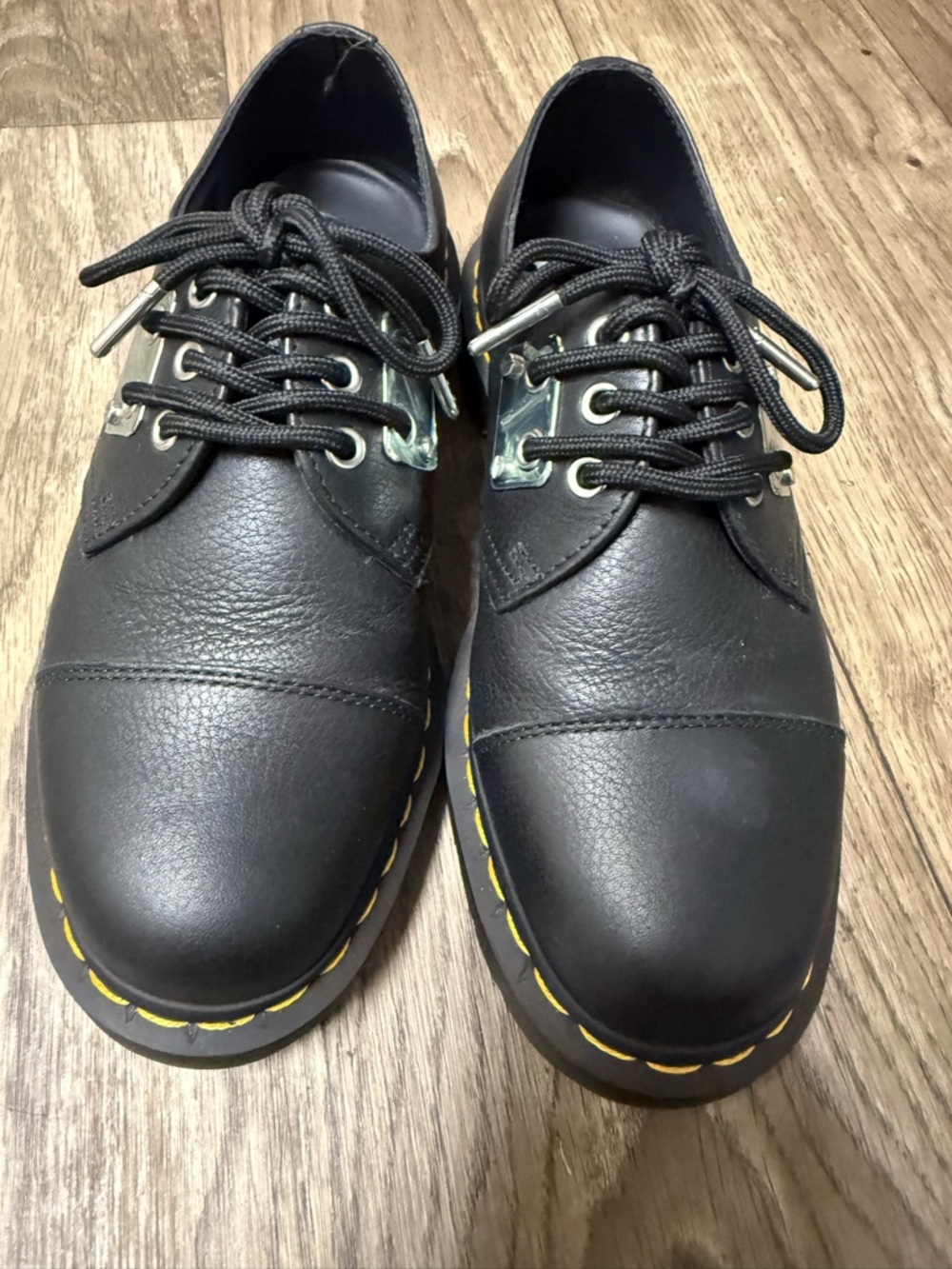 Dr. Martens Black Leather Derby Shoes with Yellow Stitching - Picture 2 of 6